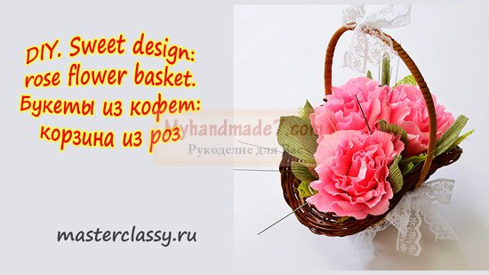 DIY. Sweet design: rose flower basket. Букеты из кофет: корзина из роз