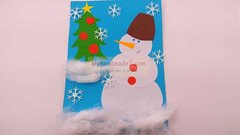 Детская аппликация со снеговиком из бумаги и ваты. Пошаговая инструкция с фото