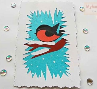 Зимняя аппликация из бумаги со снегирем: пошаговый мастер-класс с фото