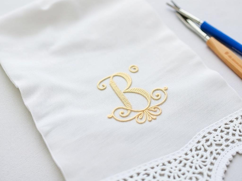 Вышивка монограммы на салфетке. Материалы и инструменты: краткая таблица под рукой Вышивка монограммы на салфетке. Материалы и инструменты: краткая таблица под рукой