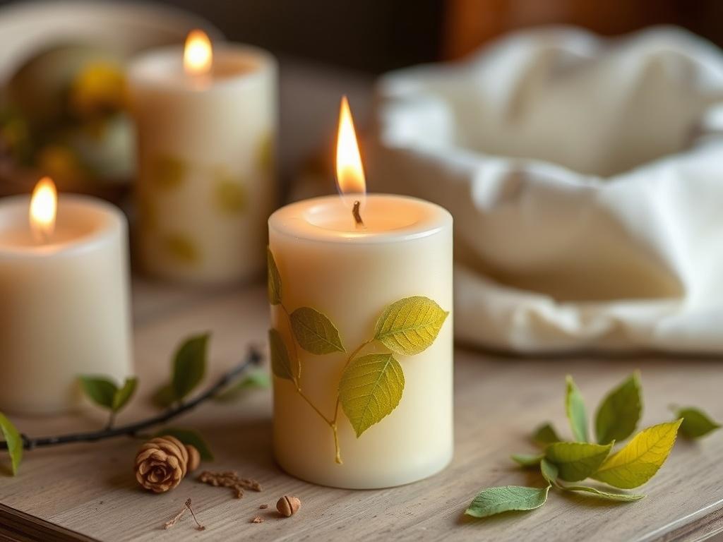 Décorer des bougies avec de la cire d'abeille : un projet naturel et poétique.. Travail à froid : feuilles, rubans et estampes Décorer des bougies avec de la cire d'abeille : un projet naturel et poétique.. Travail à froid : feuilles, rubans et estampes