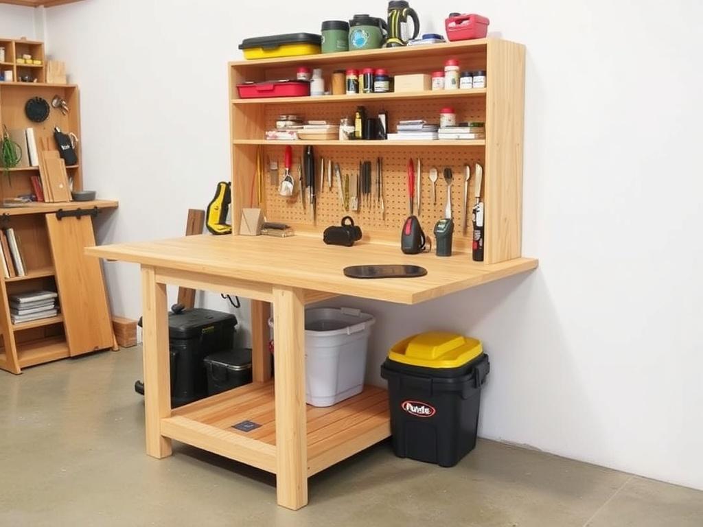 Dix idées de rangement DIY pour organiser son atelier créatif.. Idée 8 : plan de travail rabattable avec rangements intégrés Dix idées de rangement DIY pour organiser son atelier créatif.. Idée 8 : plan de travail rabattable avec rangements intégrés