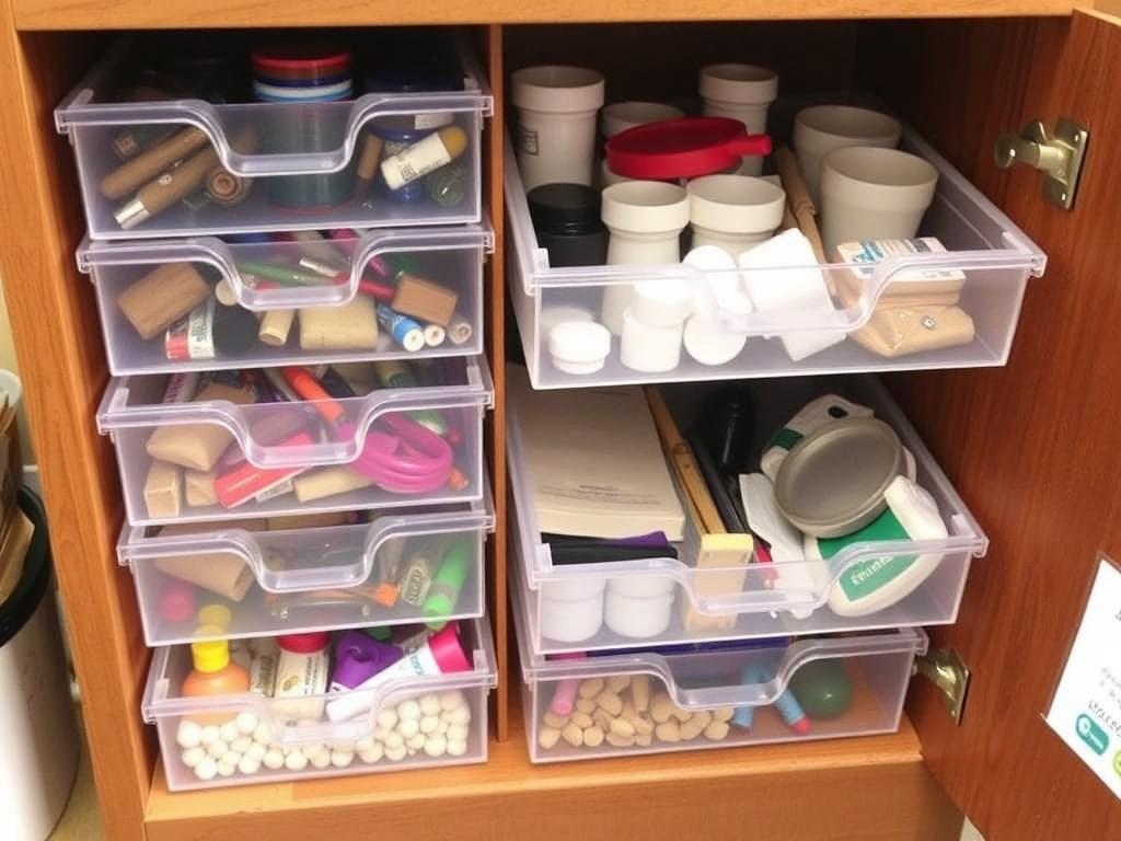 Dix idées de rangement DIY pour organiser son atelier créatif.. Idée 10 : caisson à tiroirs transparents pour petites fournitures Dix idées de rangement DIY pour organiser son atelier créatif.. Idée 10 : caisson à tiroirs transparents pour petites fournitures